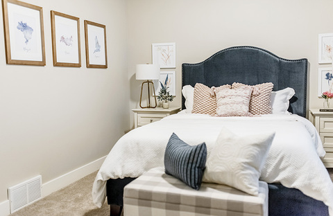 Down to Earth Projects | Jalais Lane - Bedroom design navy velvet headboard 