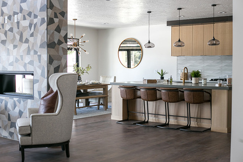 Down to Earth Projects | Urban Ridge Road - open concept kitchen leather stools pendant lighting 