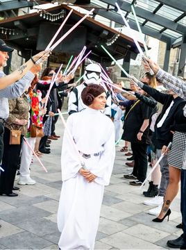 Themed Wedding on the Mill Plaza - light saber send off at themed wedding on mill plaza 