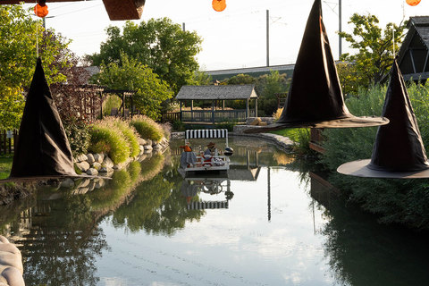 Gardner Village Witch Displays - party barge witch display on the pond 