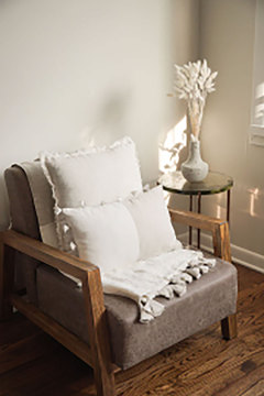 Natural White Striped Pillows  - white stripped pillow on chair 