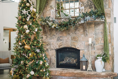 Fireplace at Christmas at The Gathering Place - fireplace with christmas decor 