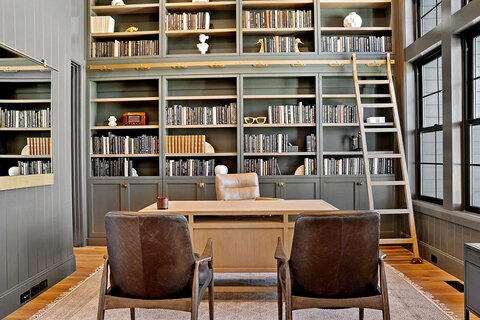 Down to Earth Projects<br>Symphony Homes Parade Ninth + North Design - office with green bookshelves and white oak desk 