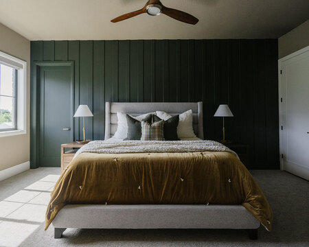 Down to Earth Projects | Utah Valley Parade at The Legacy at Meadow Ridge - green statement wall in bedroom 