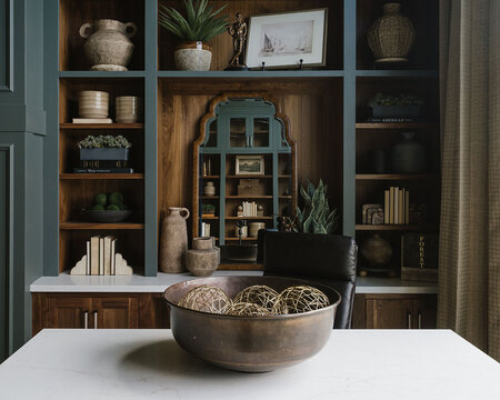 Down to Earth Projects | Utah Valley Parade at The Legacy at Meadow Ridge - home office with green built in cabinets and decor from down to earth 