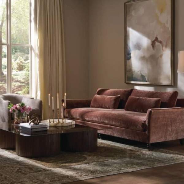 brown velvet sofa in room