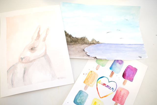 watercolor paintings rabbit popsicles beach